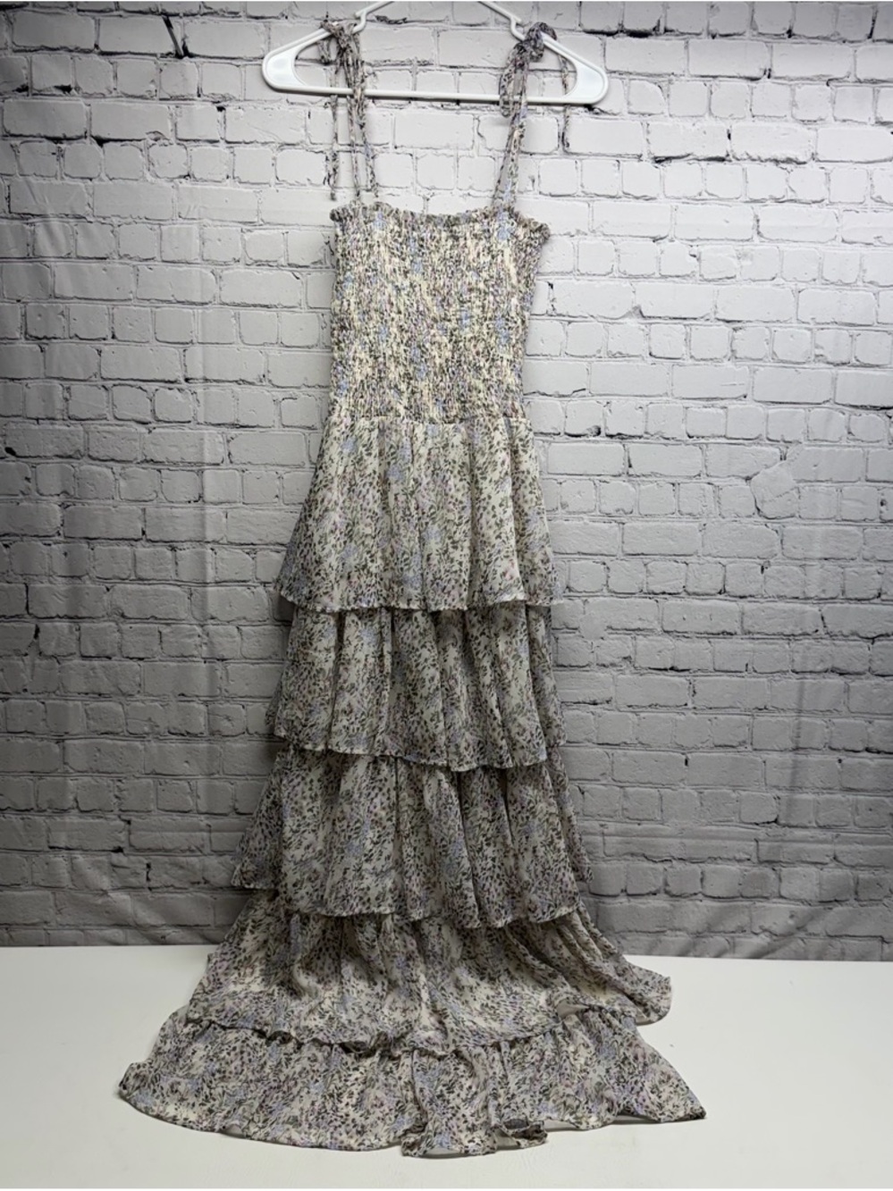 Storia Floral Smocked Tiered Maxi Dress in Cream and Lavender Sz S NWT